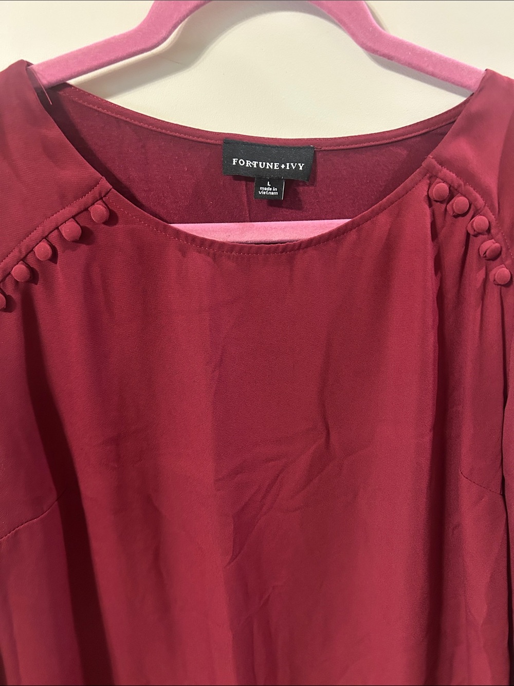 Fortune + Ivy Red Blouse with Button-Detail Shoulders